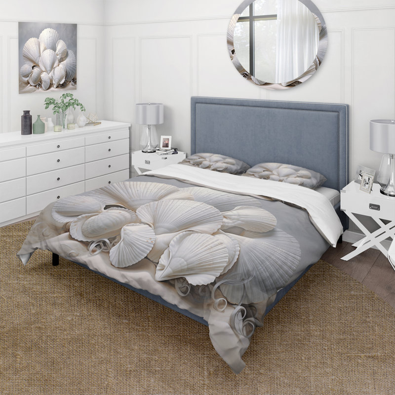 Monochromatic White Seashells - Seashell Duvet Cover Set - Microfiber Polyester, Twin Duvet Cover + 1 Standard Sham