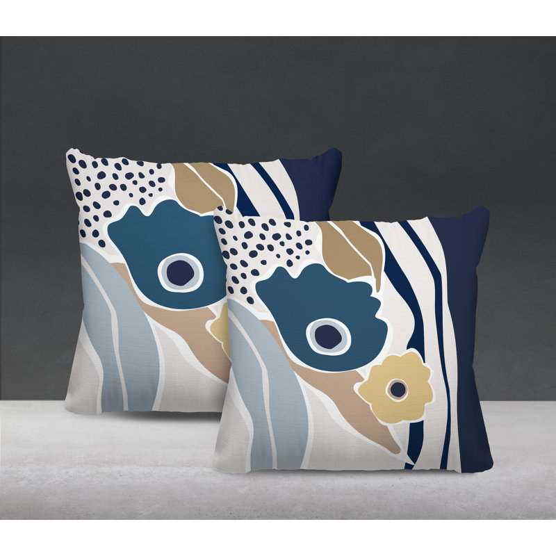 Jeté carré en polyester / mélange de polyester intérieur / extérieur, Bleu / bleu marine / beige, L 17 po x H 17 po