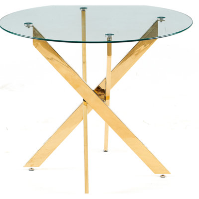 Modern Golden Table For Living Room With Cross Metal Legs And Glass Top, 41.72 Lb, Attention To Details Top Kitchen Legs, 34.85 In Width, Unique Design Elements