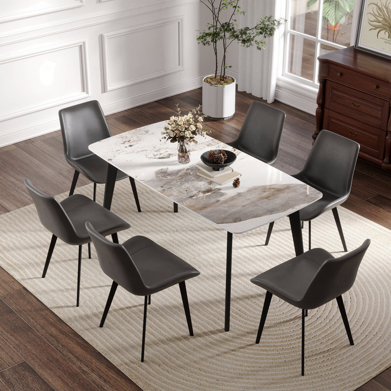 62.99" Modern Rectangular Dining Table White Pandora Artificial Stone Curved Edge Black Metal Legs 6 Person, White/Beige