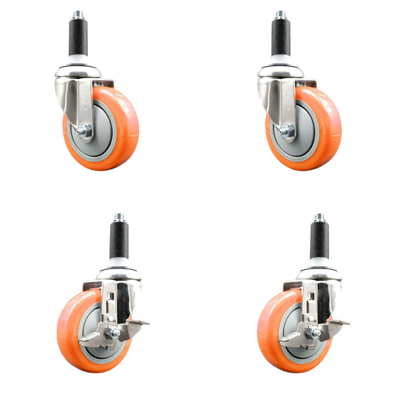Ensemble de roulettes extensibles 4 pouces en poly 316SS 1 po pivotant 2 pouces SCC, Orange
