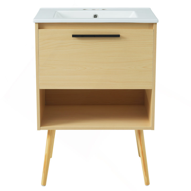 Meuble-lavabo 24 po avec lavabo, armoire de salle de bain multifonctionnelle avec tiroir, panneau de fibres à densité moyenne, naturel