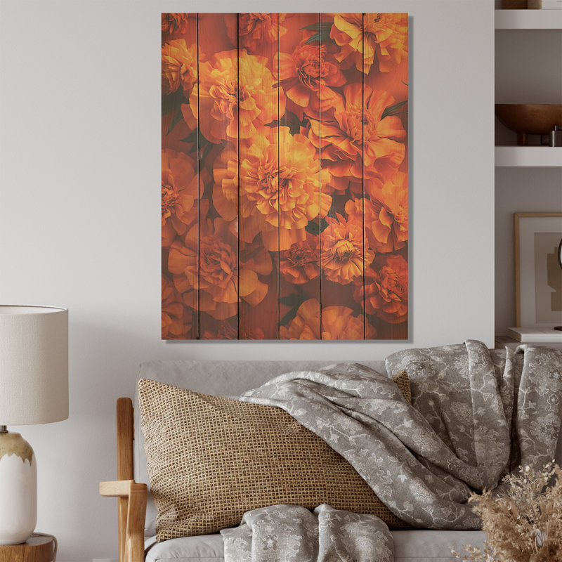 Orange, souci, mémoire dévoilé - Art mural en bois de souci sur bois de pin naturel, H 20 po x l 10 po