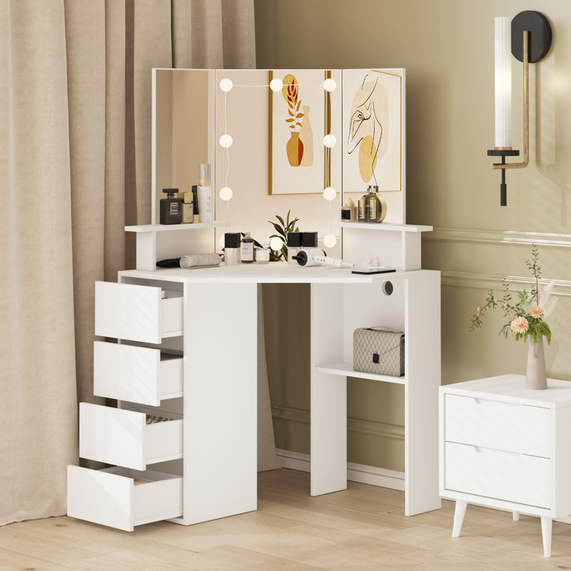 42 Inch Corner Vanity Mirror With Lights, White