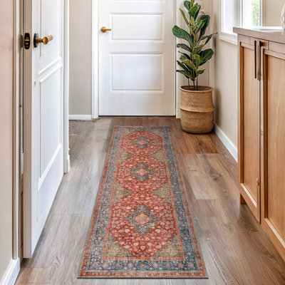 Tapis traditionnel à médaillon rouge Marin - tissé à plat, surface lavable avec envers antidérapant