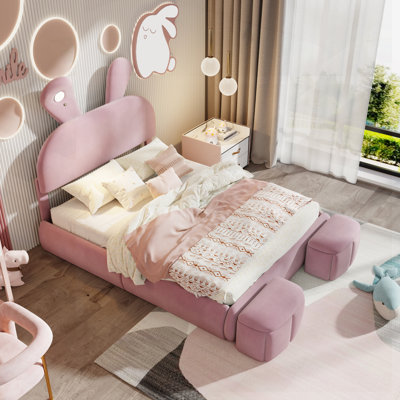 Full Size Upholstered Platform Bed With Cartoon Ears Shaped Headboard And Built-In LED Light, Perfect For Kids' Rooms
