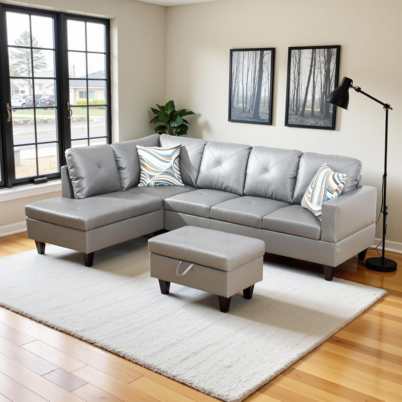 3-Piece Faux Leather Sectional Sofa, Left Hand Facing, Gray Faux Leather