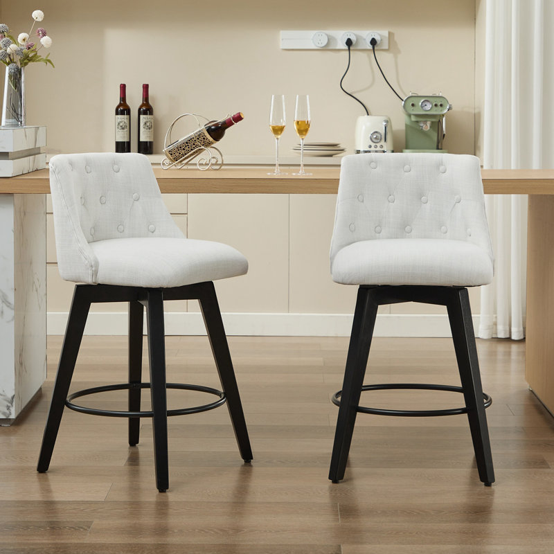 Set of 2 Swivel Linen Upholstered Bar Stools with Tufted Backrest, White