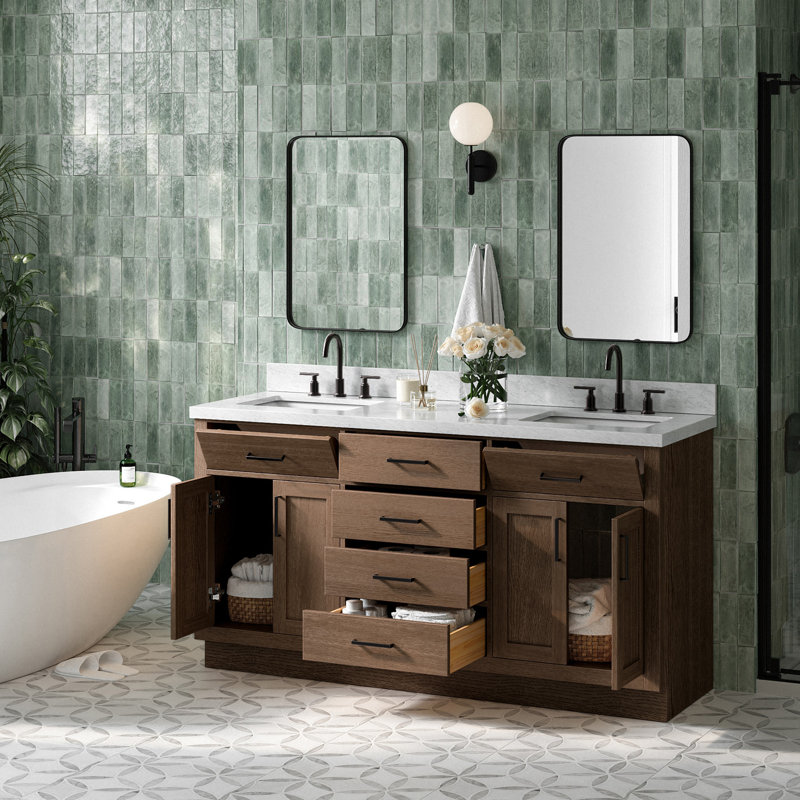 Meuble-lavabo double en bois massif de 66 po avec plateau en marbre de Carrare de 1,5 po Thornaby, Forme rectangulaire