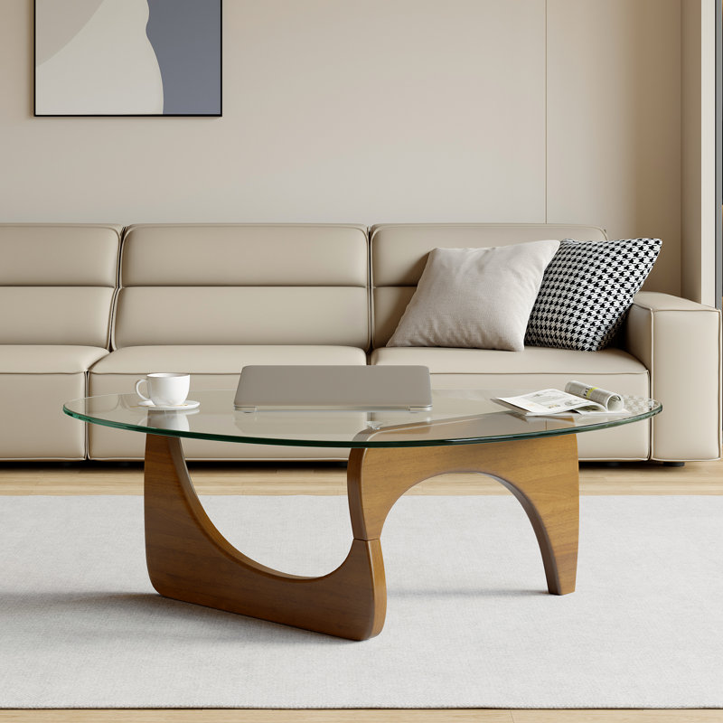 Triangle Glass Coffee Table With Solid Wood Base Abstract Glass Table for Living Room, 16.5 "H  x 44.9 "L x 32.3 "W