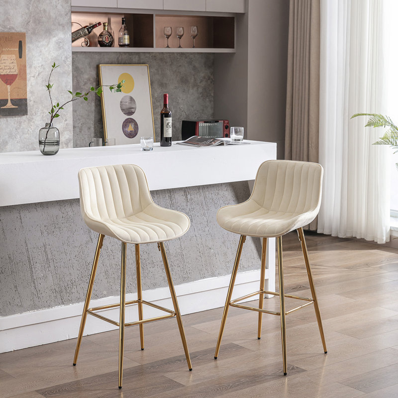 Tabouret de bar en velours avec repose-pieds chromé, ensemble de 2, Blanc, Tabouret de bar (siège d'une hauteur de 29,92 po)