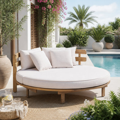 Lit de jour d'extérieur rond en bois d'acacia, méridienne de patio avec dossier à lattes incurvé, coussin et 4 coussins