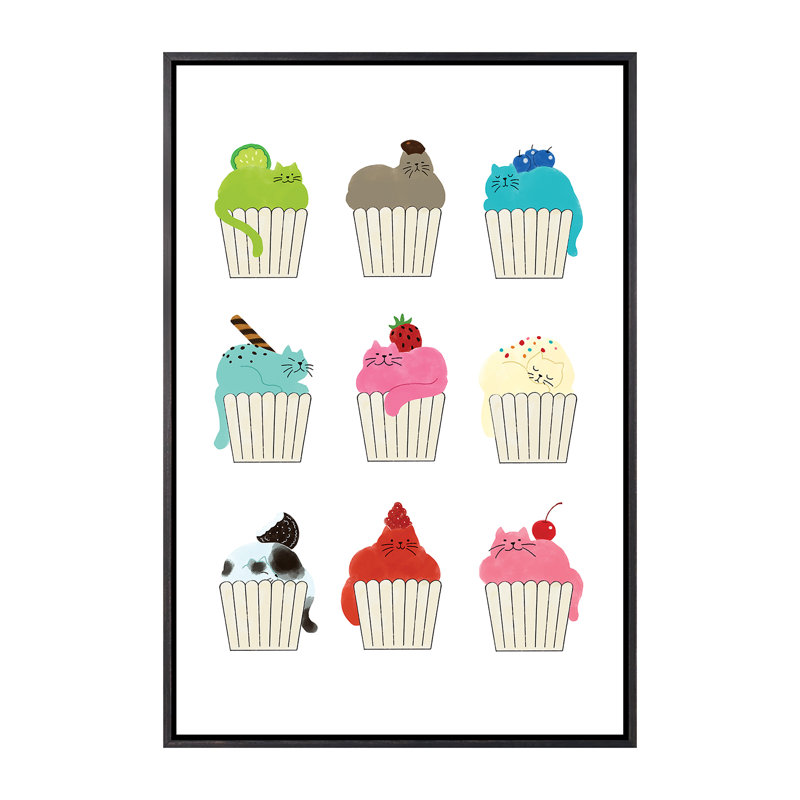 «Cupcat Flavors» par Big Nose Work - impression d'art graphique, Pas de tapis, Toile avec cadre noir patiné