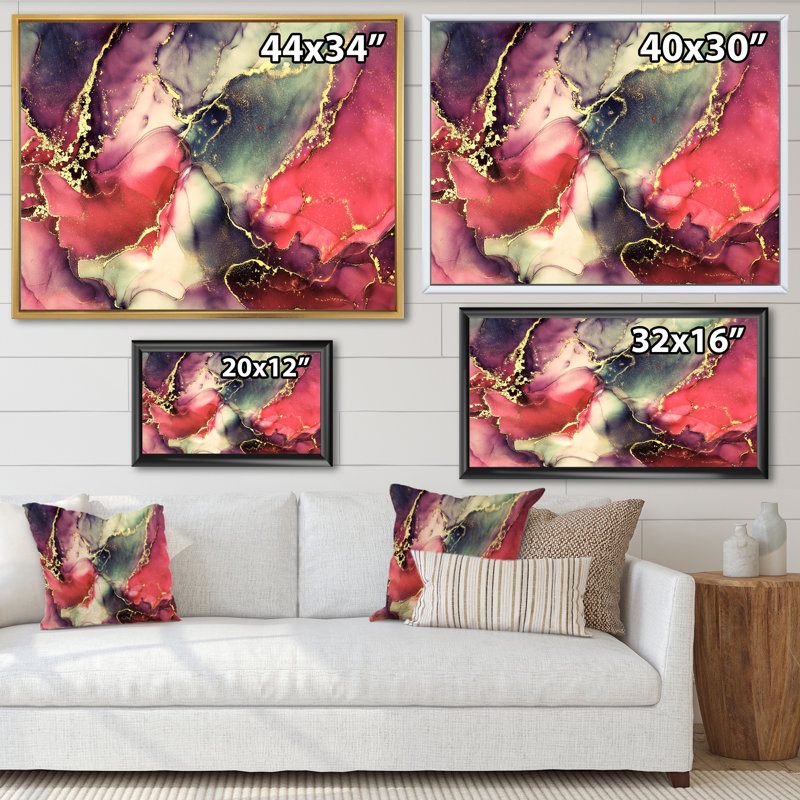 «Red Luxury Abstract Fluid Art II», reproduction sur toile, Cadre flottant doré, H 34 po x l 44 po x P 1,5 po