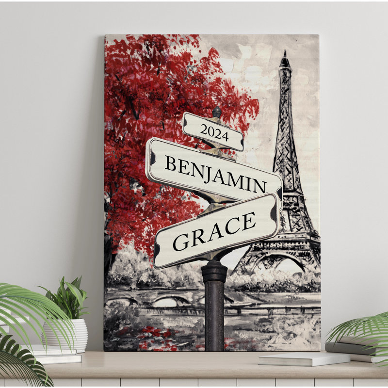 Art mural sur toile avec panneau et nom personnalisé - date romantique Paris Tour Eiffel pour les couples, les mariages et les anniversaires