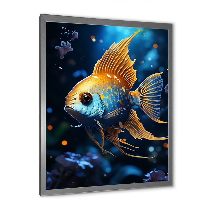 Papillon poisson jaune et bleu Wonderland I - art mural poisson papillon, Cadre simple argenté, H 44 po x l 34 po x P 1,5 po