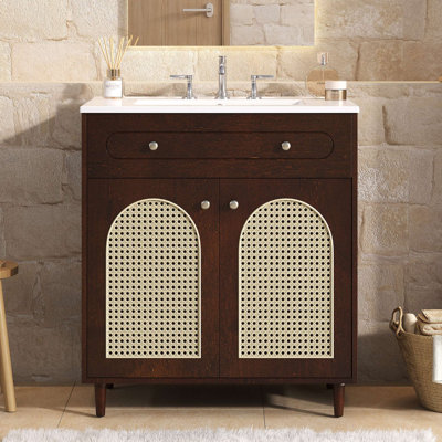 Bathroom Vanity with Ceramic Sink, Solid Wood Frame Bathroom Sink Cabinet with Adjustable Shelf, Tip-Out Drawer, Rattan Front Panels
