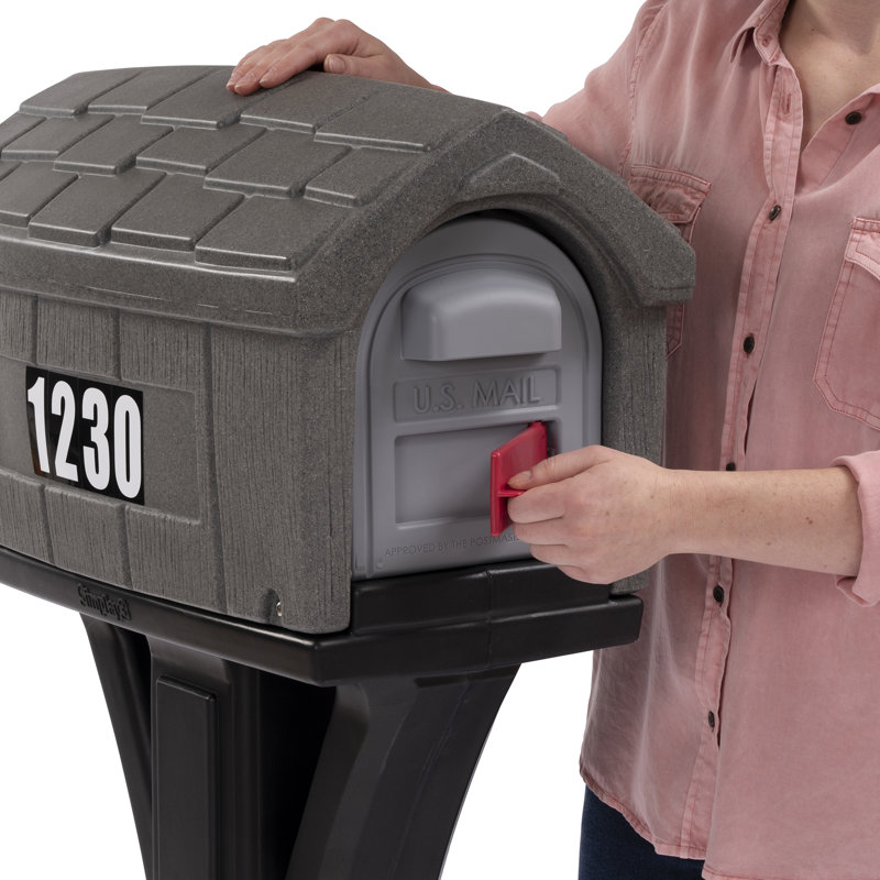 Classic Gray Stone and Black Plastic Mailbox with Post
