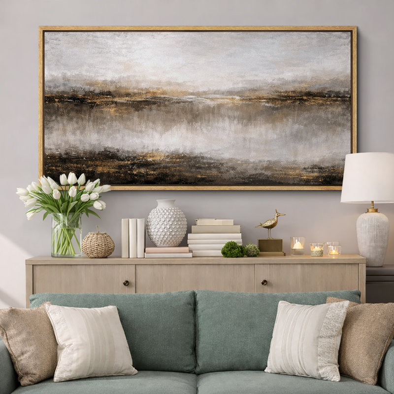Abstrait, horizon doré neutre, œuvre d'art de paysage moderne, images de chambre à coucher moderne, impression sur toile encadrée