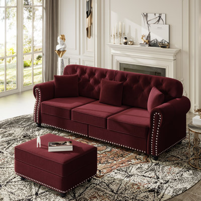 82.6" 3-Seater Upholstered Chenille Chesterfield Sofa, Mid-Century Modern Tufted Couch with Ottoman & 3 Throw Pillows