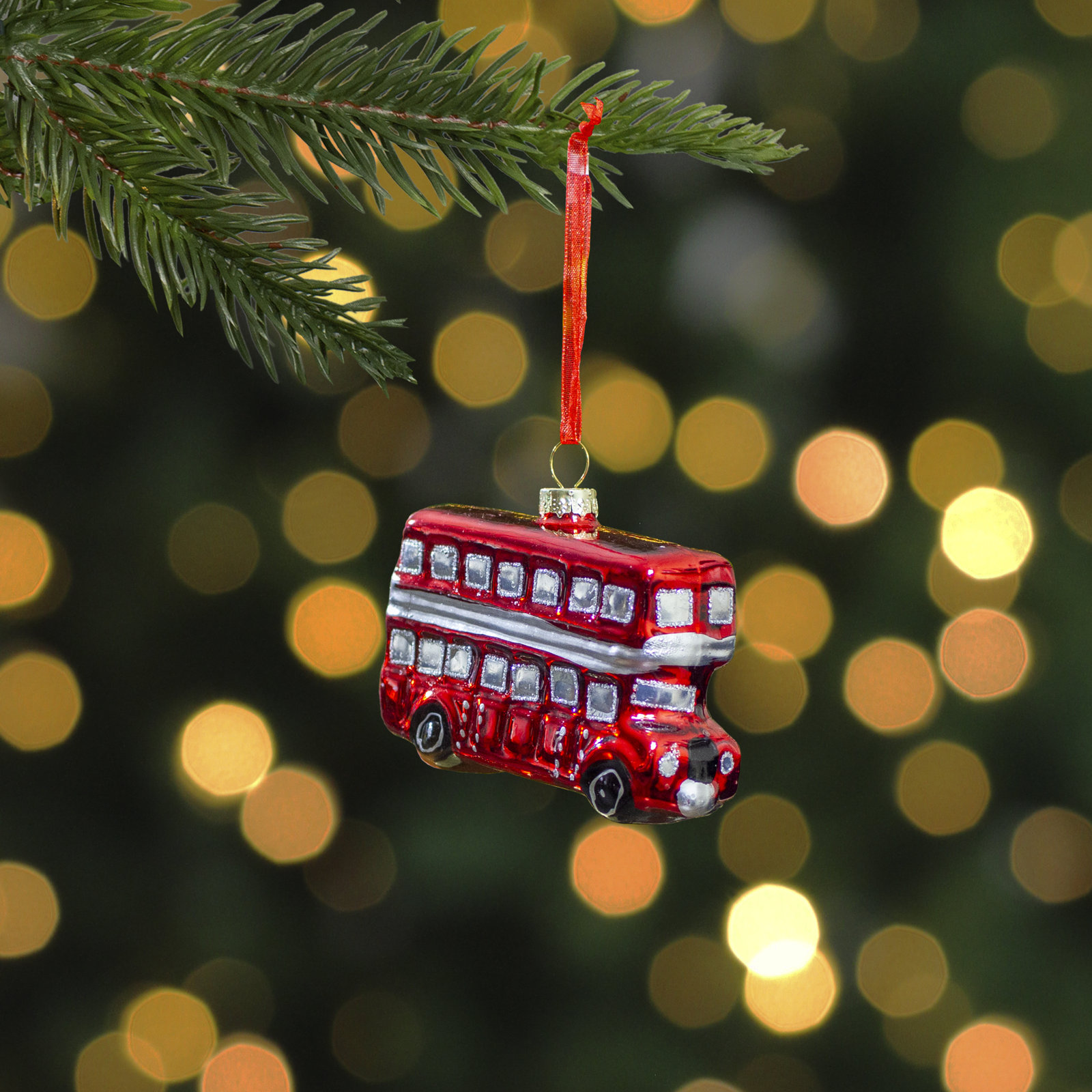 3.75" Red and Silver Double Decker Bus Glass Christmas Ornament