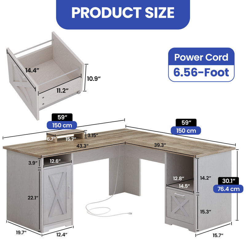 Aimaan L-Shaped Computer Desk with Power Outlet, Brown/Gray
