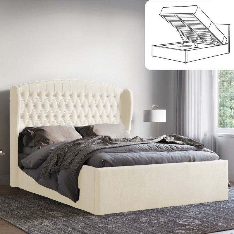 Katelin Chesterfield Ottoman Storage Bed - Soft Velvet Upholstered Gas Lift Bed Frame, Cream, Single (3')