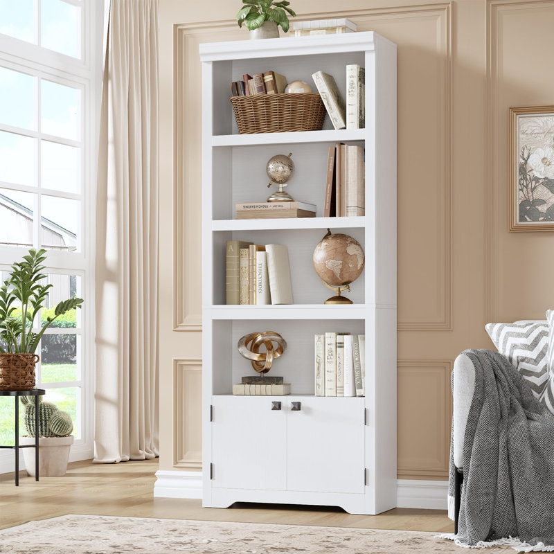 Bibliothèque à 5 niveaux, bibliothèque de style campagnard avec 2 portes, H 68,7 po x l 23,6 po x P 11,6 po, Blanc