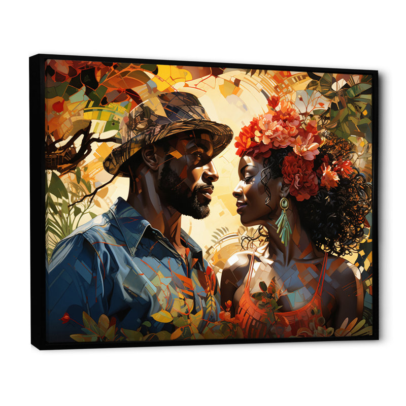 «African Couple Resilient I» - Art mural américain africain, H 30 po x l 40 po x P 1,5 po, Cadre flottant noir