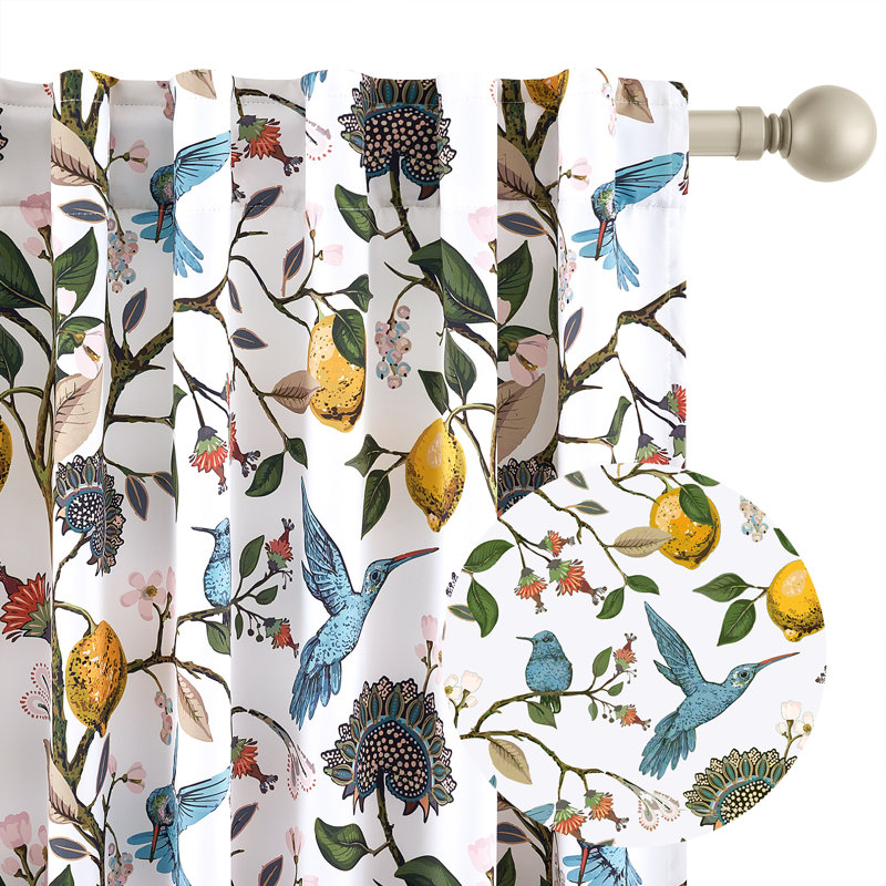 Fancy Hummingbird Patterned Blackout Curtain,Rod Pocket Back Tab Floral Drapes,Set of 2, White, 52" W x 63" L