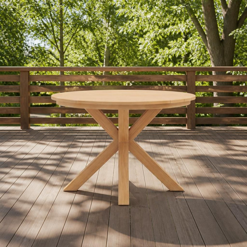 Table de salle à manger ronde pour l'extérieur, table de patio en bois massif de qualité supérieure résistante aux intempéries avec base robuste en forme de X, plateau à lattes