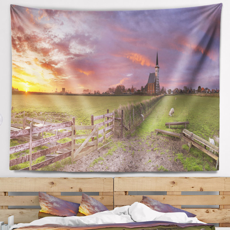 Tapisserie «Landscape Church of Den Hoorn on Texel Island», H 32 po x l 39 po