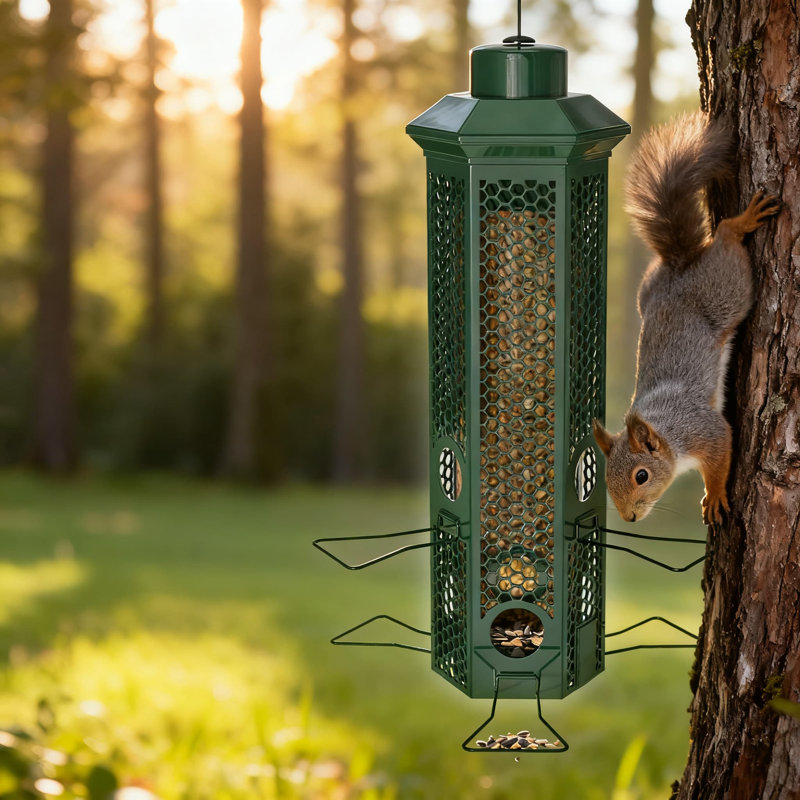 Mangeoire pour oiseaux à l'épreuve des écureuils avec système de protection contre la gravité, 6 ports d'alimentation avec perchoirs, base amovible pour un nettoyage facile, capacité de 3 lb pour les graines, conception extérieure entièrement métallique résistante aux intempéries