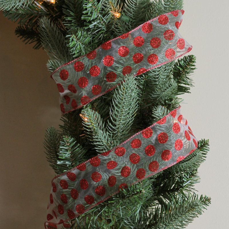 Rubans d'artisanat de Noël à pois scintillants argentés et rouges - 2,5 po x 120 verges