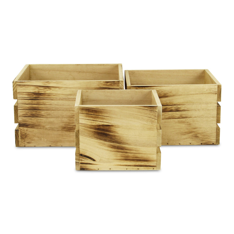 Farmstead Set of 3 Rustic Wood Storage Crates with Aged Brown Finish, Light Brown