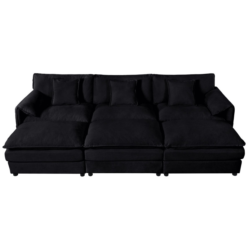 Siège profond modulaire avec 3 repose-pieds et coussins, pour salon, appartement. Chenille noire. Canapé-lit modulaire de luxe spacieux et confortable
