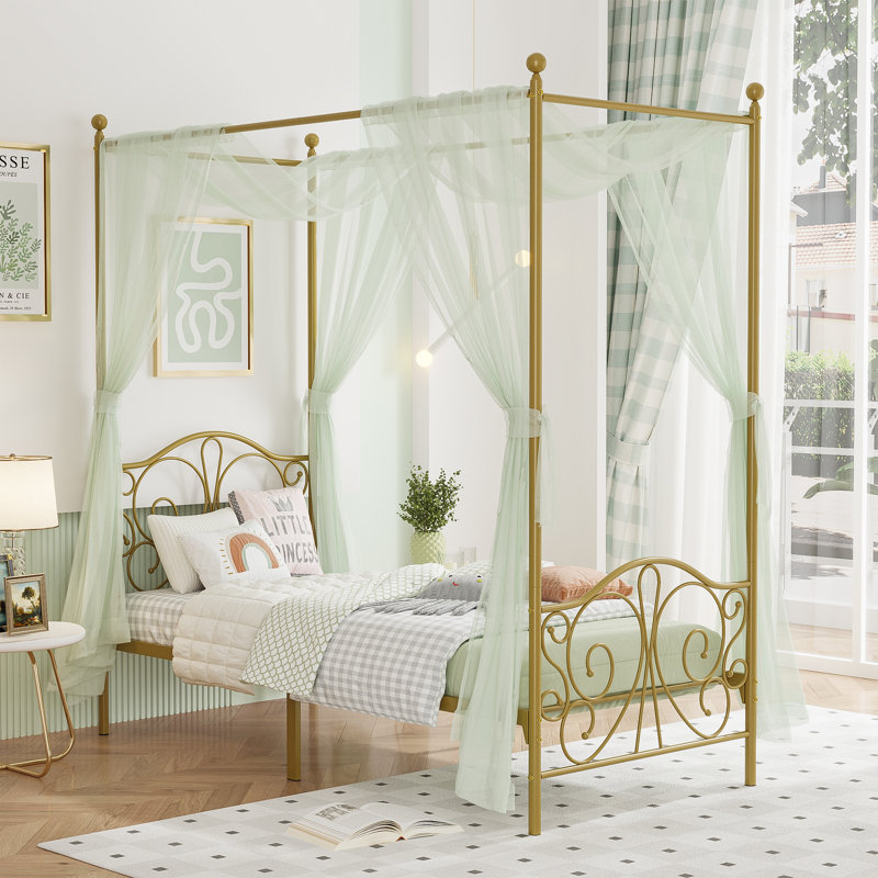 Metal Canopy Bed With Butterfly Pattern Design For Headboard And Footboard, Gold