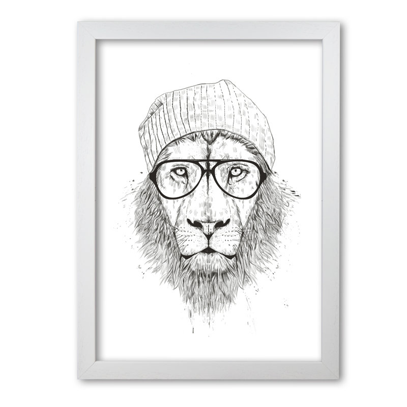 Cool Hipster Lion by Mercedes Lopes Charro - Print, 42 cm H x 29.7 cm W x 5 cm D, White Grain