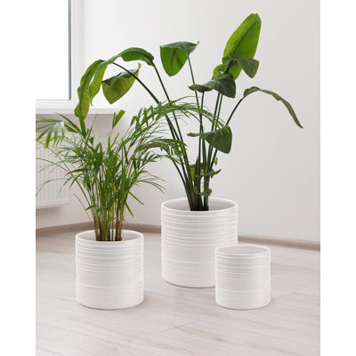 Set Of 3 Striped Ceramic Plant Pots (6/8/10 Inch) With Drainage Holes