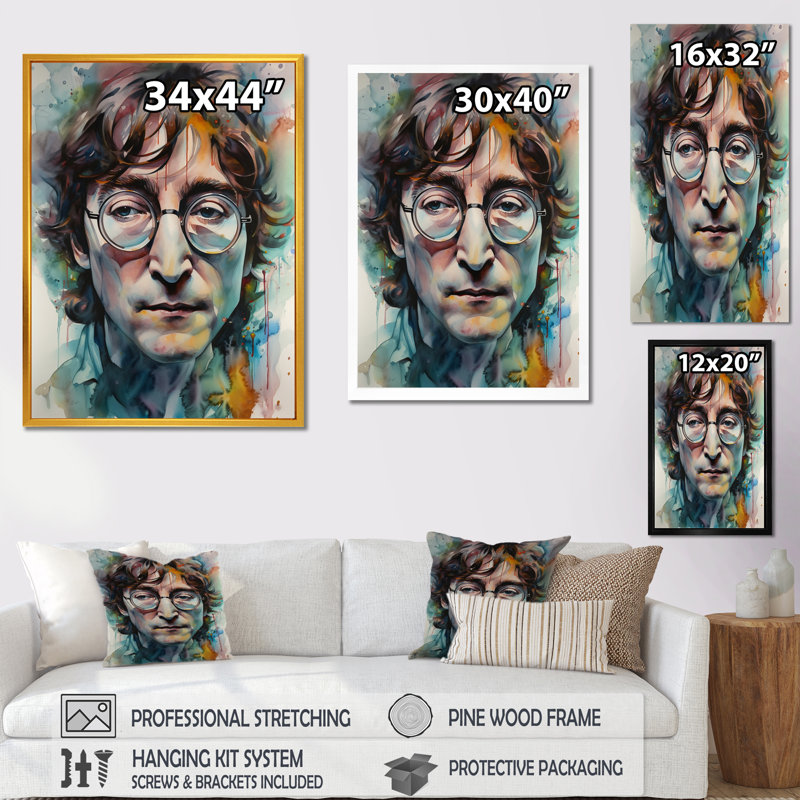 Lennon Illustration - célébrité, reproduction sur toile, Cadre photo noir, H 20 po x l 12 po