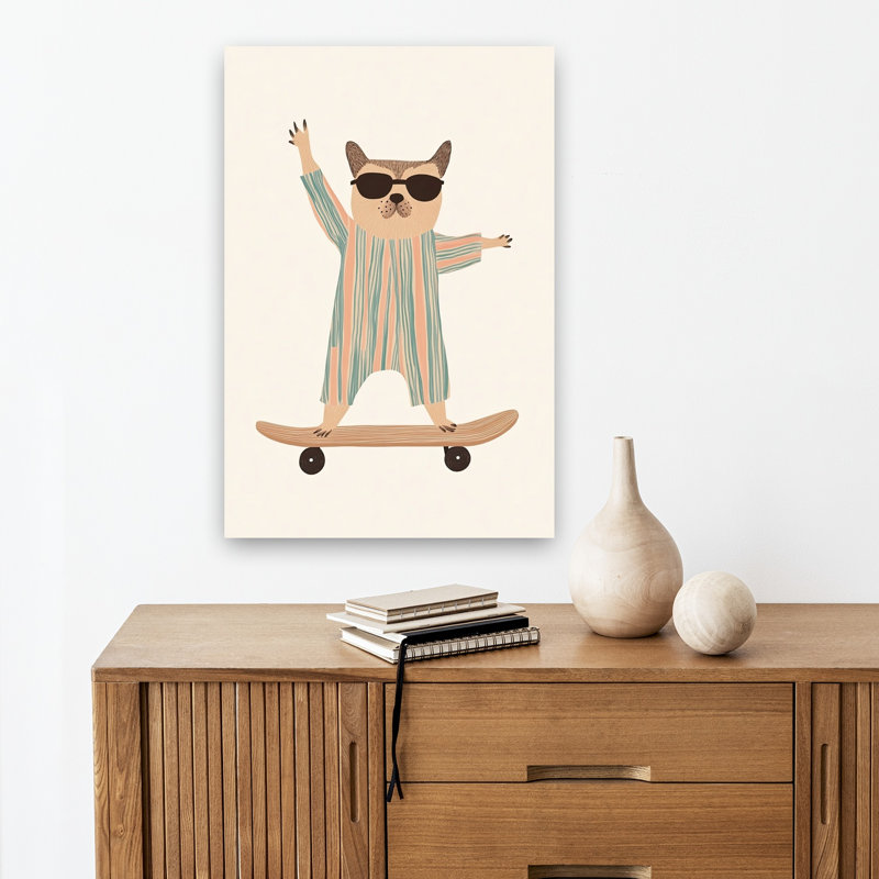 Cool Skater Pup Playful Whimsical Contemporary Cat Dog Summer Wall Art Print 1 Piece Wrapped Canvas Wall Art