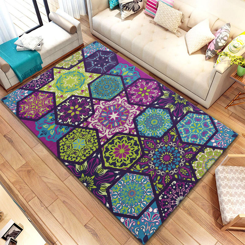 Tapis mauve / vert / jaune à motif abstrait Nathanael, Rectangle 5 pi 3 po x 7 pi 7 po