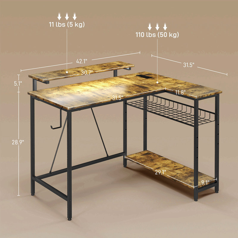 Rustic Brown Adjustable Height L-Shaped Computer Desk with Power Outlet and USB Port