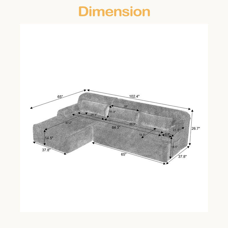 Canapé modulaire surdimensionné en L Chenille, Gris chenille