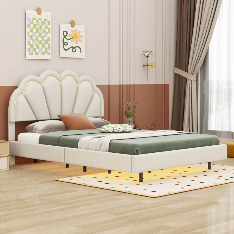 Lit plateforme tapissier à profil bas, Double, Beige