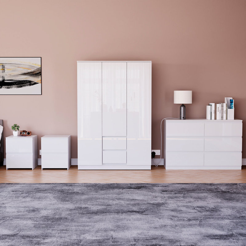 Taniesha 4 Piece Bedroom Set (2 Drawer Bedside Chest X2, 3 Drawer Chest, 2 Door 2 Drawer Wardrobe), (100% FSC), White