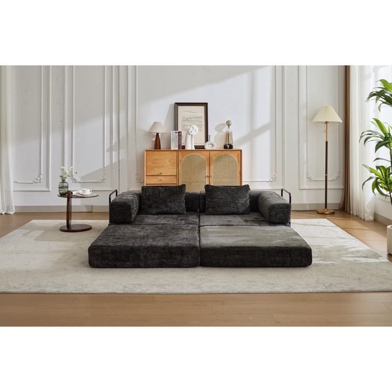 Lit de compression convertible noir à 2 places avec design désossé, chenille et sans assemblage pour cadre de bureau à structure fixe, petit appartement