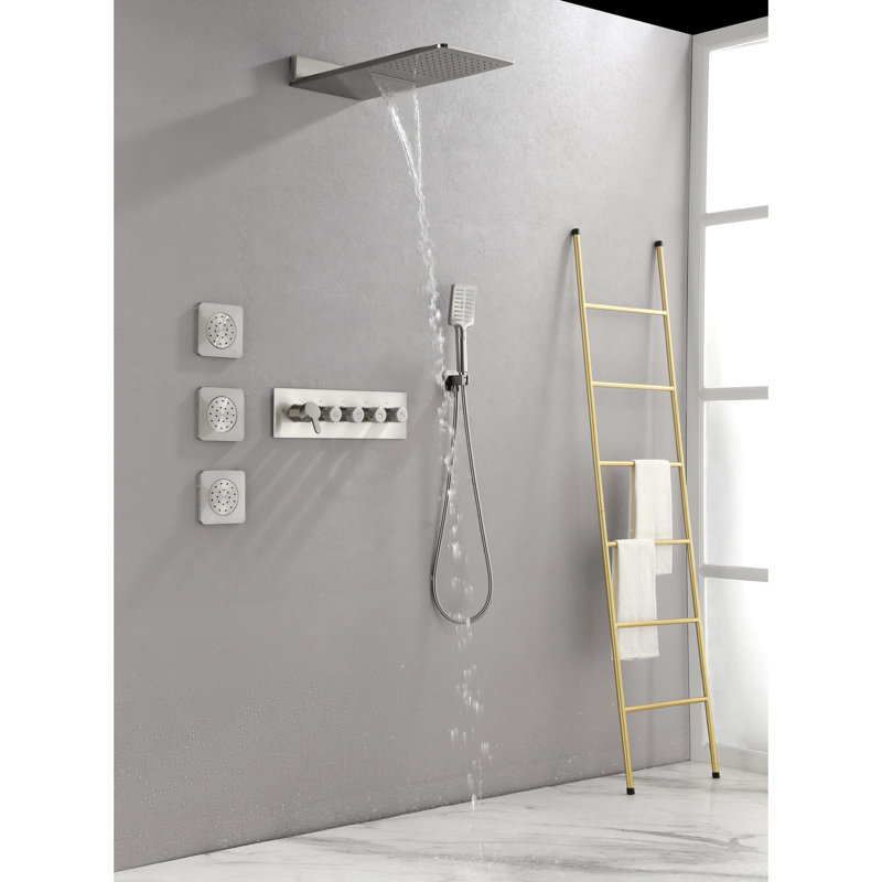Brushed Nickel Shower With 3 Body Sprays & Handheld, Wall Mounted For Relaxing Bathrooms Waterfall Shower, Handheld In Bathroom