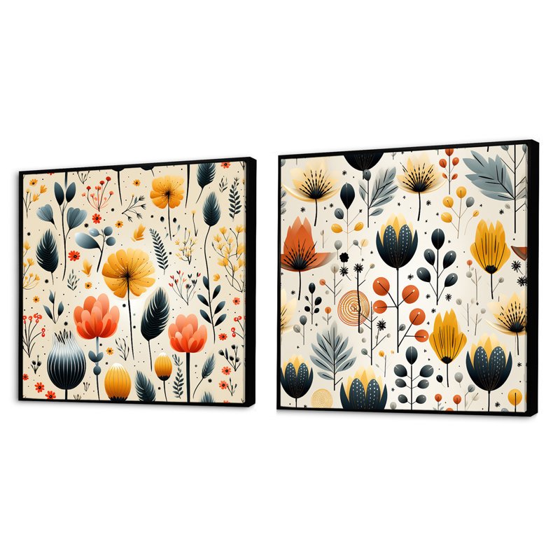 Ines - Ensemble de 2 collages carrés botaniques abstraits, Cadre flottant noir, H 16 po x l 33 po