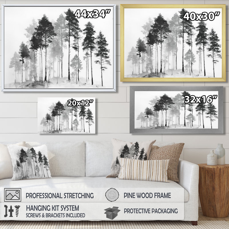 «Black and White Tall Pine Tree Forest», art sur toile, art naturel noir, H 12 po x l 20 po, Cadre photo unique, Blanc
